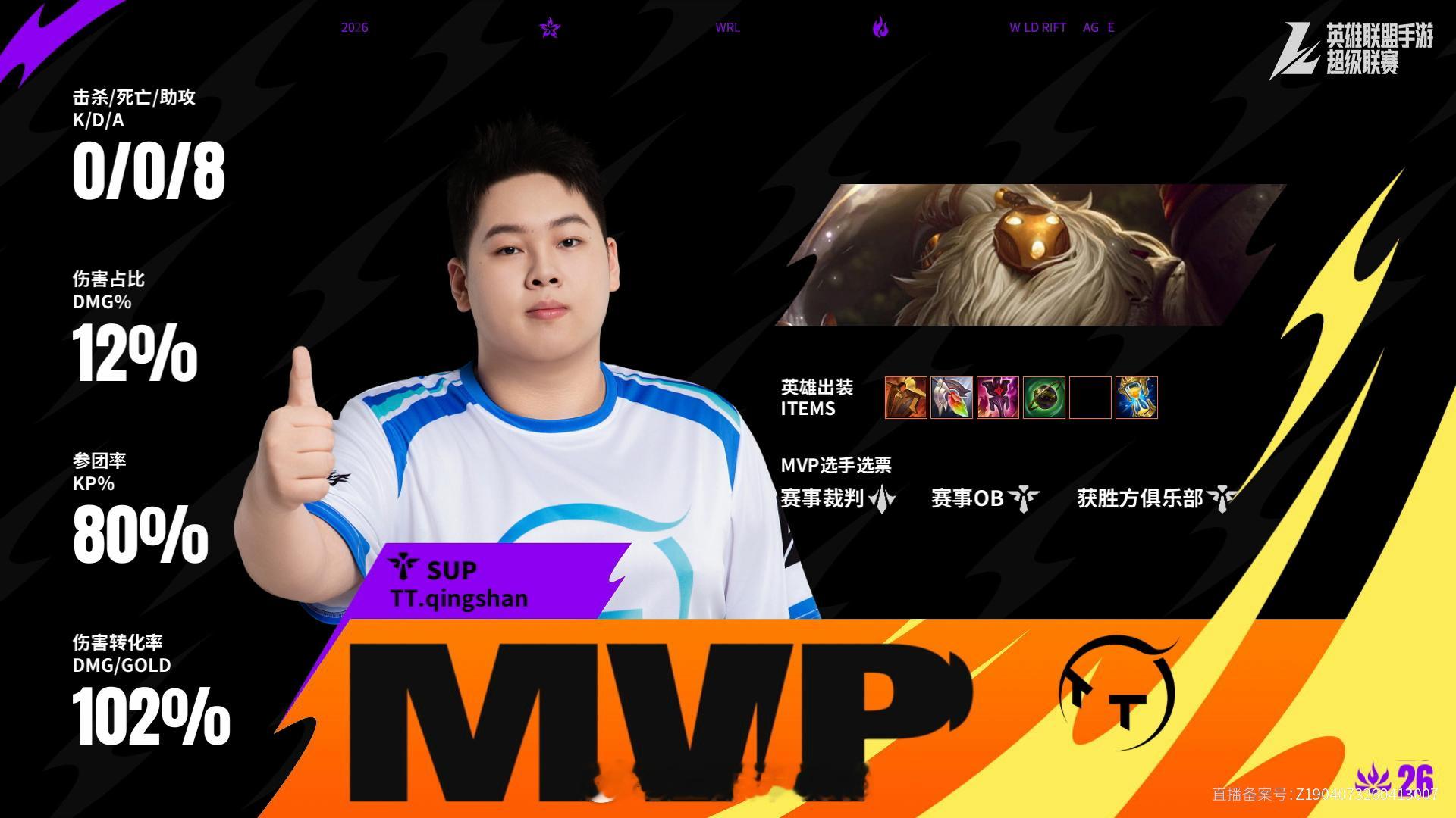 TT对阵SS1第二场赛后数据，MVP2026WRL夏季赛英雄联盟手游赛事英雄联盟