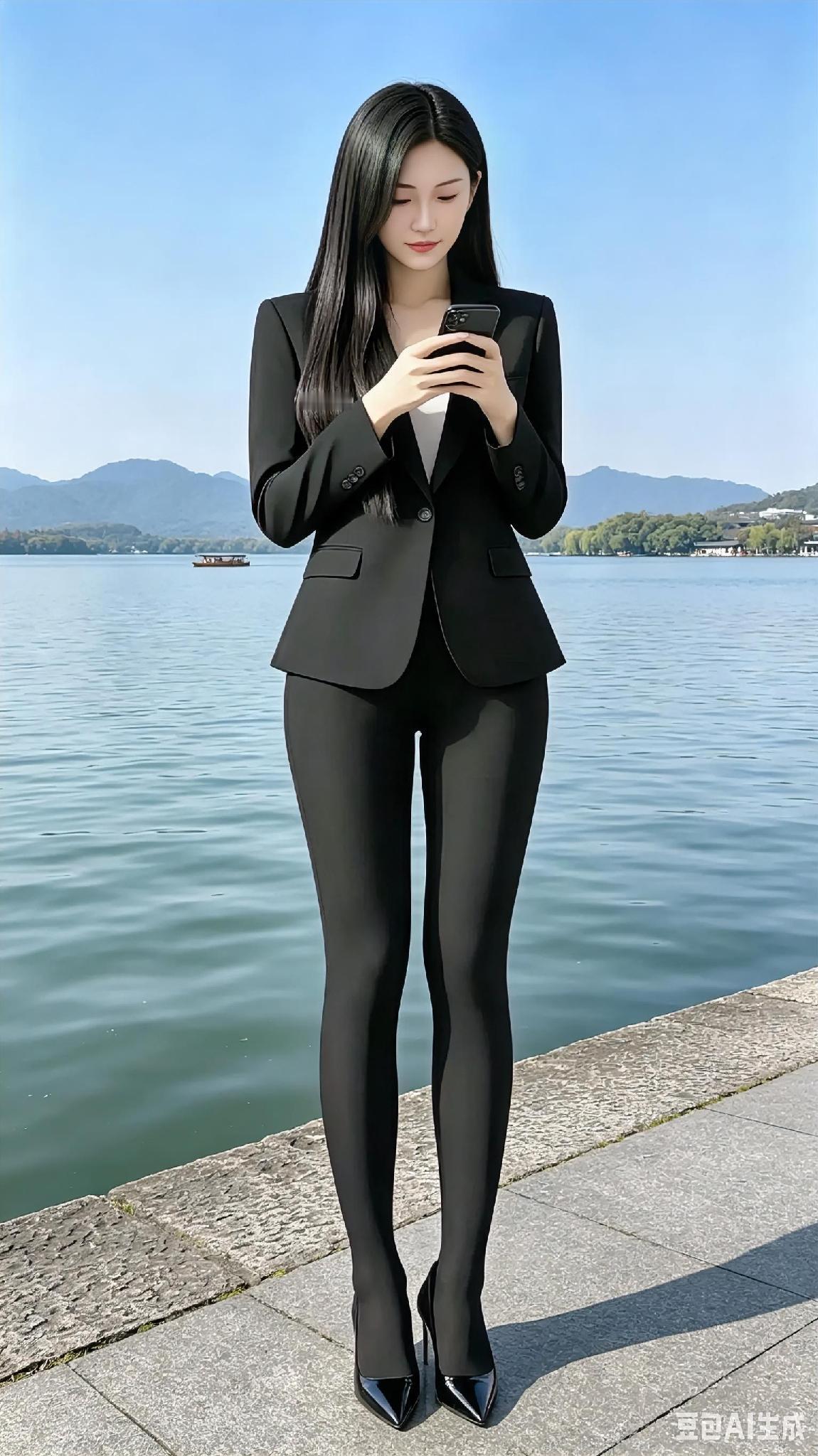 优雅黑西装，自信的职场女性，湖畔的宁静与她的气质相得益彰。
气质女人 
职场女人