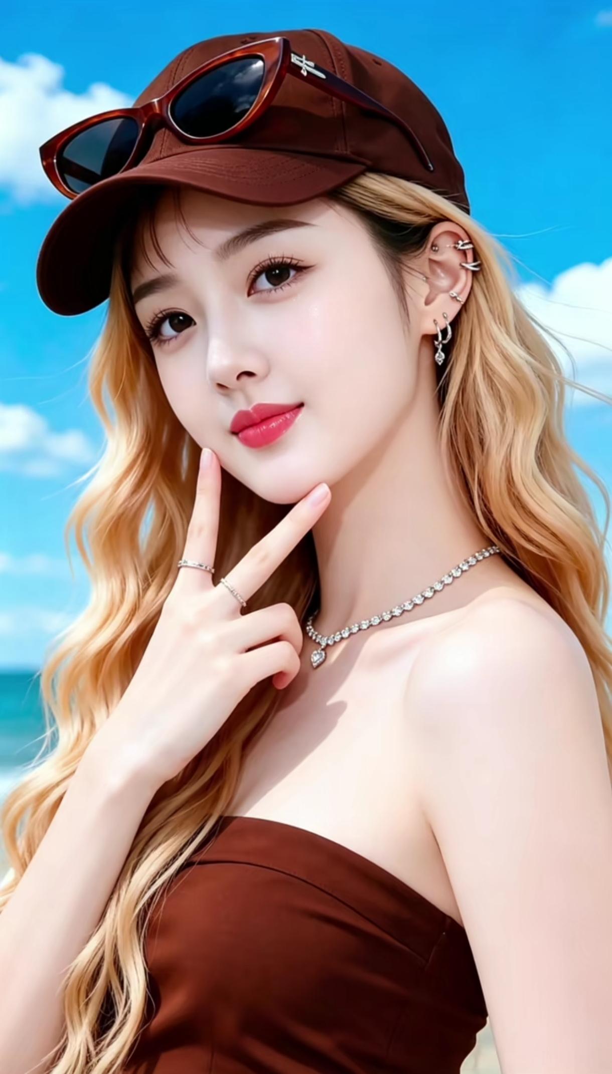 夏日沙滩美照，红帽墨镜，沙滩裙，阳光明媚，少女心满满！🌞👒👗💄分享一张在