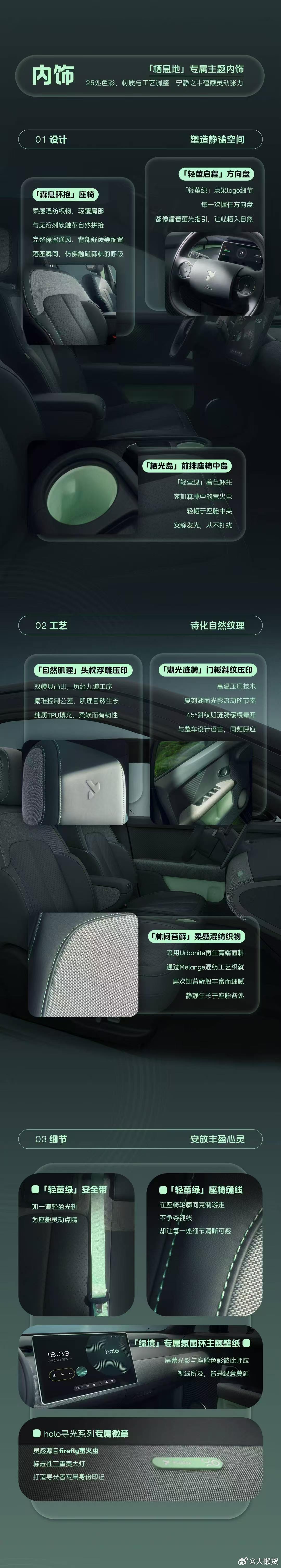 firefly新出的栖息地配色很独特，整体设计都围绕绿色，车漆在不同光线下颜色会