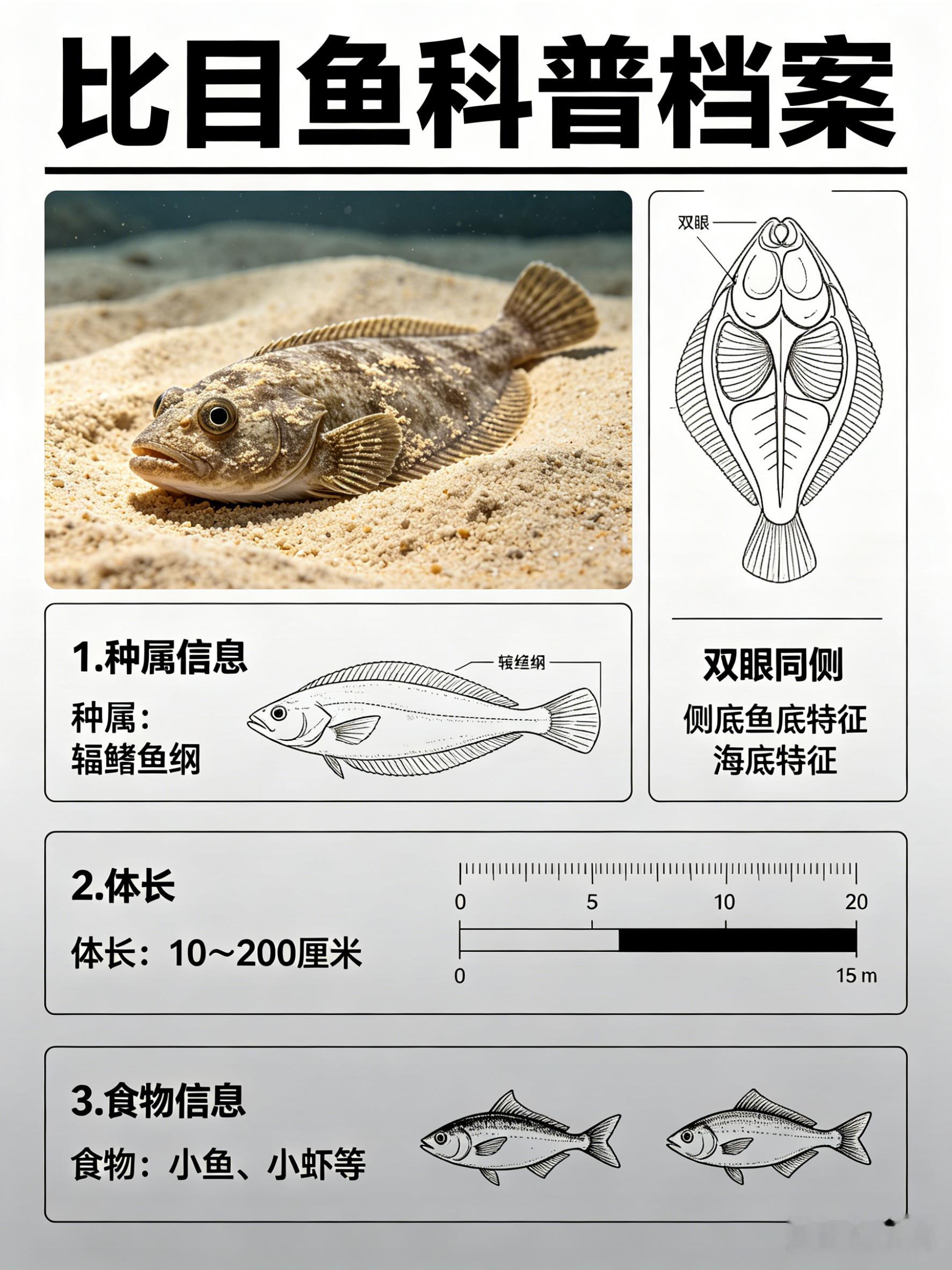 海洋朋友圈 比目鱼海洋档案种　属：辐鳍鱼纲体　长：10～200厘米食　物：小鱼、