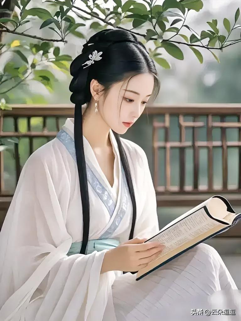 古风美人轻抚书卷，静享岁月静好。