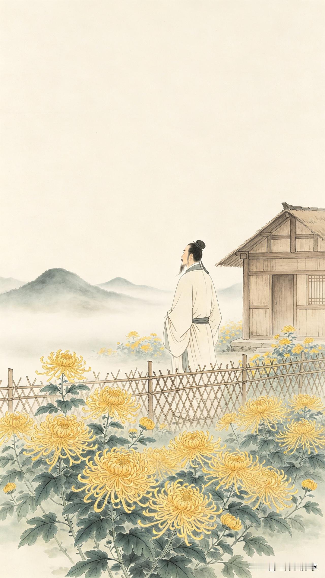 鹧鸪天·篱落秋怀

篱落疏疏映晚晴，黄花满径伴先生。
茅檐低小青山远，竹杖芒鞋白