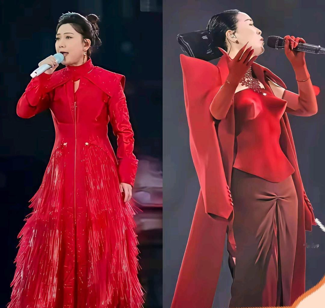 真是没有对比就没有伤害。
 
两位都在北京开演唱会，同样上身红色系演出造型。
玲