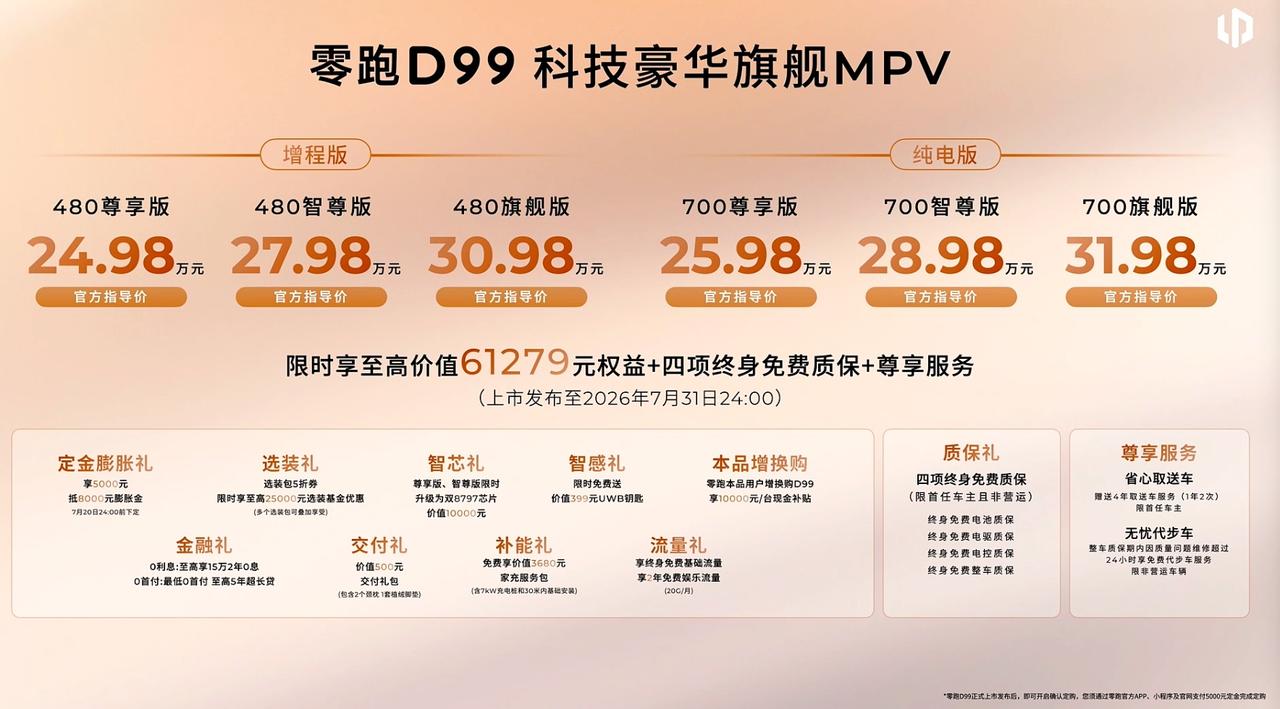 零跑D99价格发布
增程版24.98-30.98万
纯电版25.98-31.98