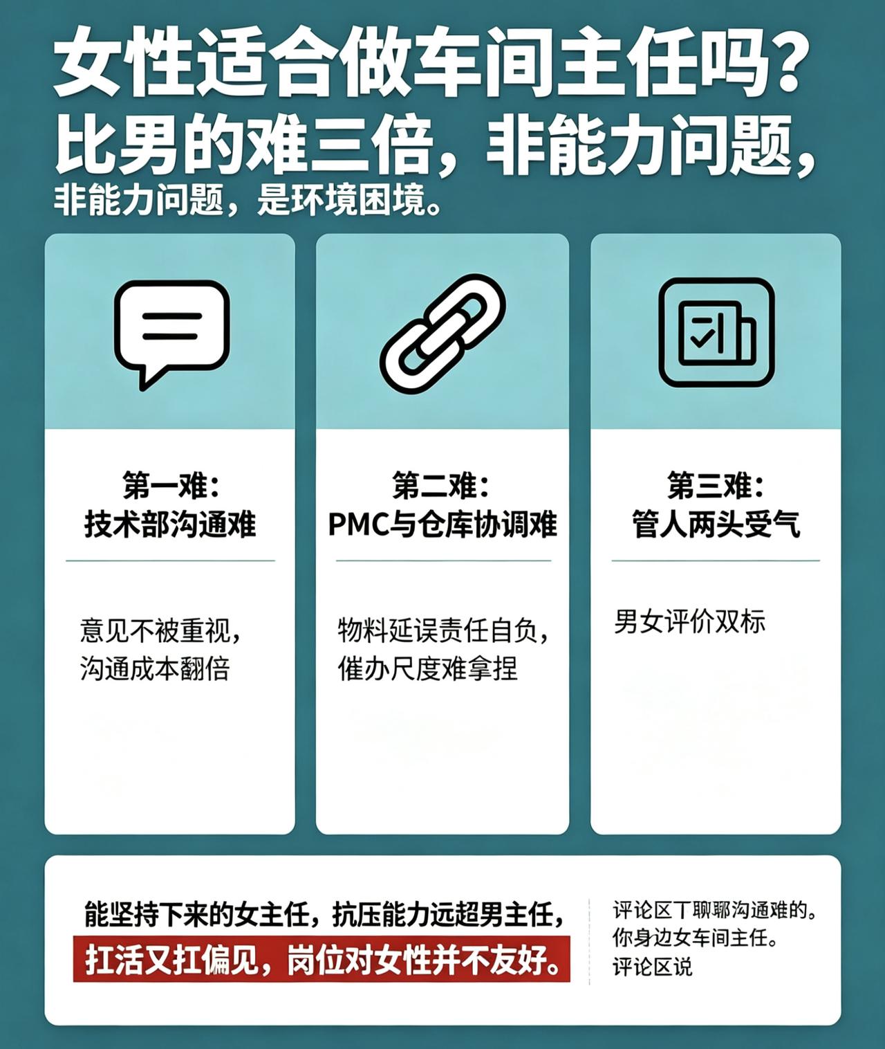 女性适合做车间主任吗？说实话，比男的难三倍

不是能力问题，是环境问题。
第一难
