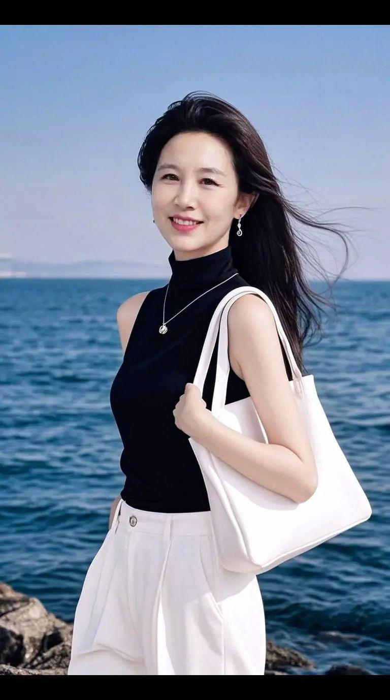 海风轻拂，裙角微扬，阳光洒在肩头，仿佛时间在此刻凝固。手挽一只简约的白色包包，漫