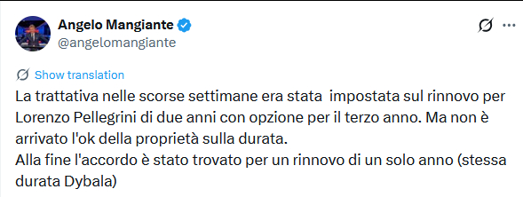 Mangiante：过去几周关于佩莱格里尼续约的谈判方案始终是2+1，但弗里德金