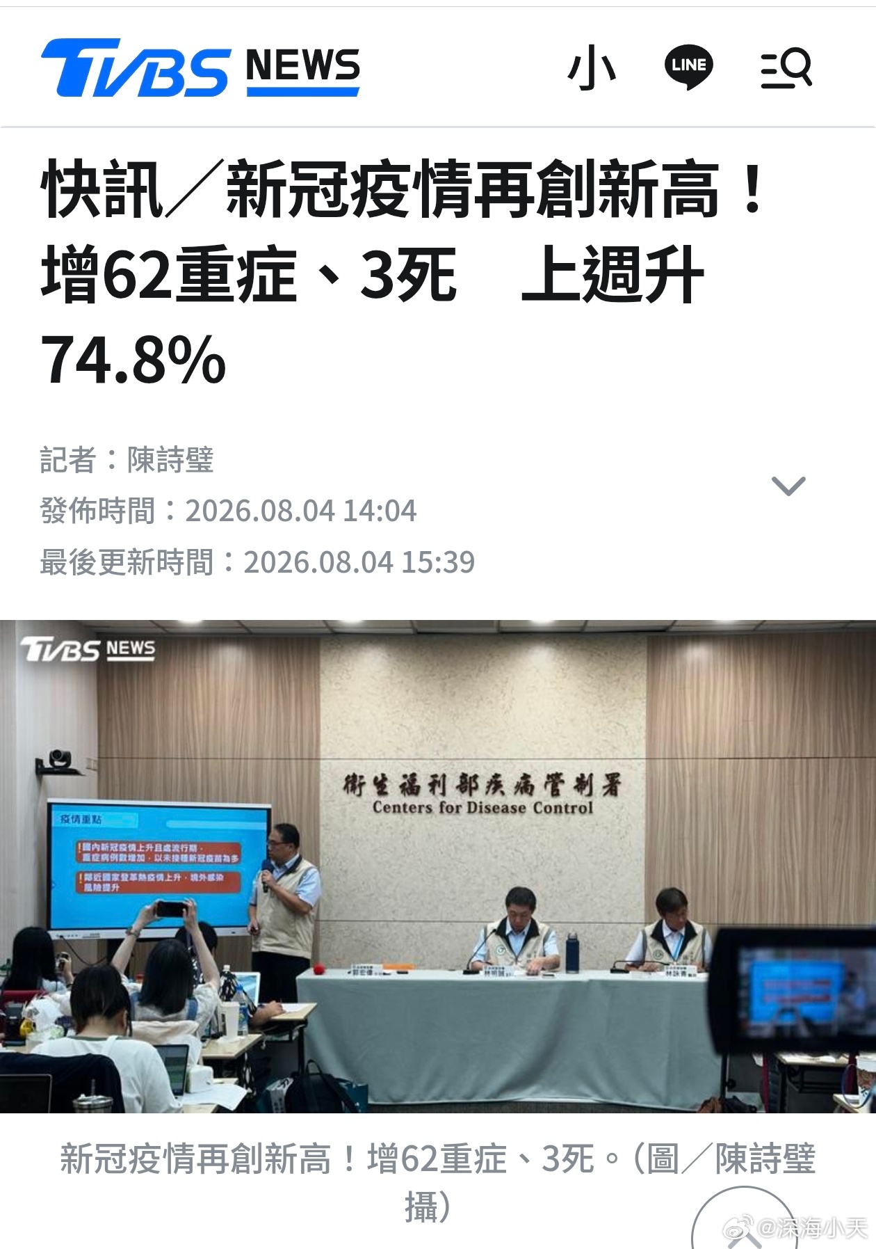 台湾新冠疫情再创新高！增62重症、3死　上周升74.8%台卫生部门公布，上周新增