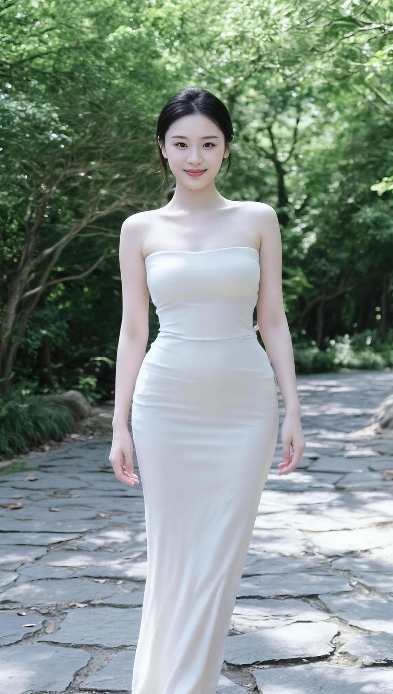 一袭白裙，如晨曦中的露珠，纯净而耀眼。背景的绿意盎然，仿佛是大自然为她量身定制的