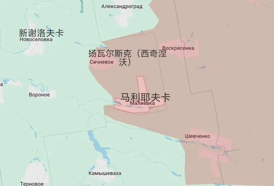 俄军占领第聂伯罗彼得罗夫斯克州扬瓦尔斯克（西奇涅沃），地图上的涂色也已经显示。如