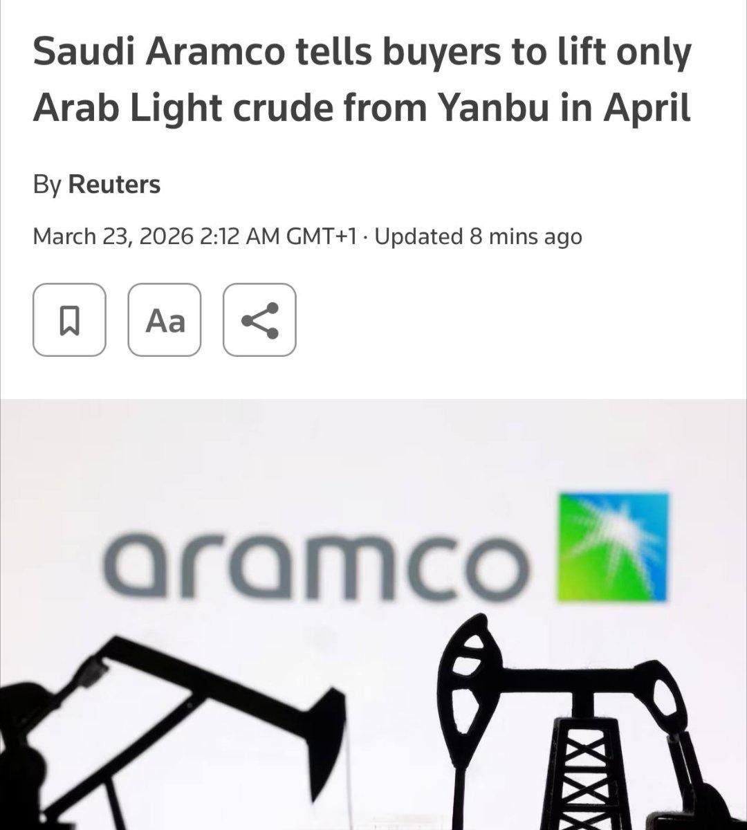 据路透社报道，沙特阿美公司因伊朗战争导致霍尔木兹海峡航运中断，已削减了4月份对亚