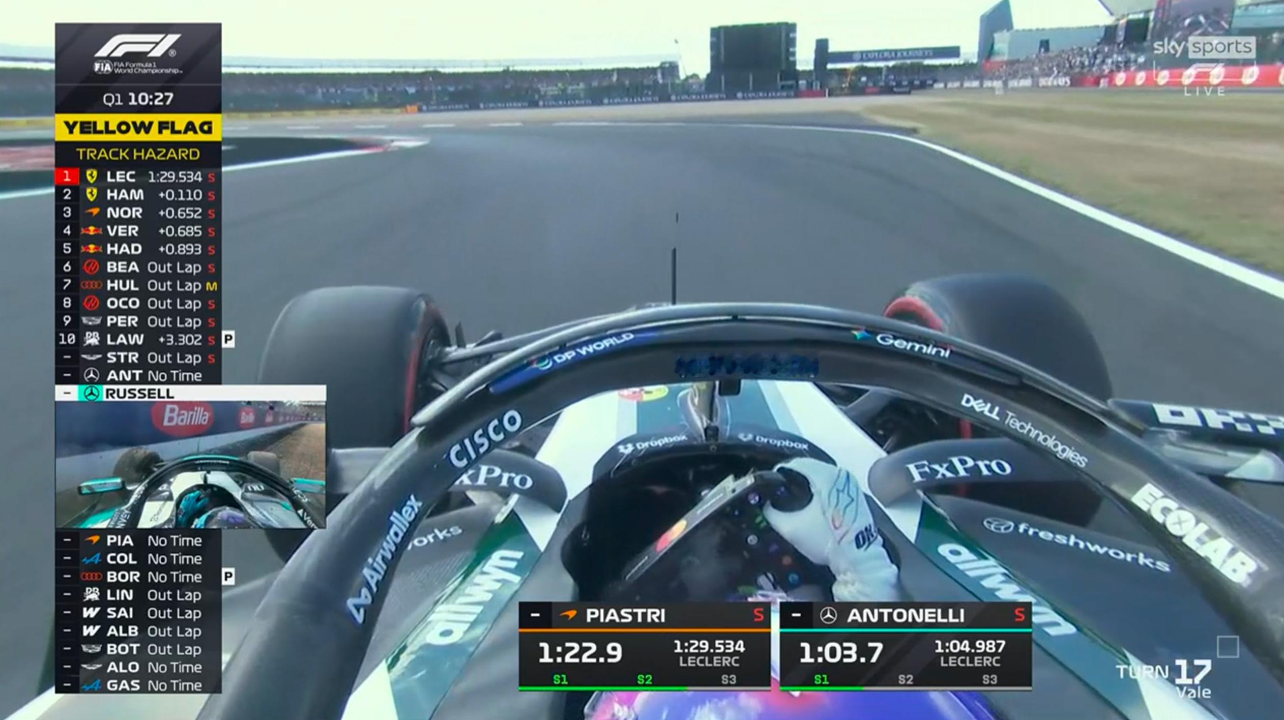 拉塞尔T7冲出赛道，引发短暂黄旗，万幸车还能走。F12026F1英国大奖赛