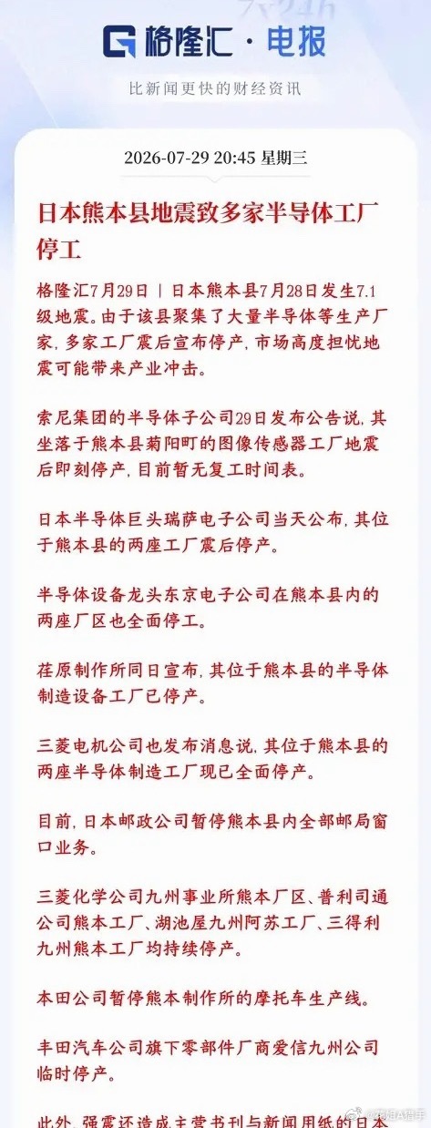 A股半导体迎来重要消息，短期有望迎来修复行情日本熊本县，也就是大家常说的九州“硅