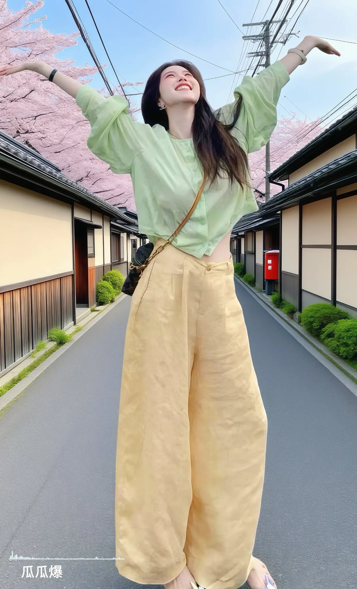 毫不费力地打开初秋穿搭。浅绿微透上衣，如春日新芽般轻盈，宽松灯笼袖藏着...