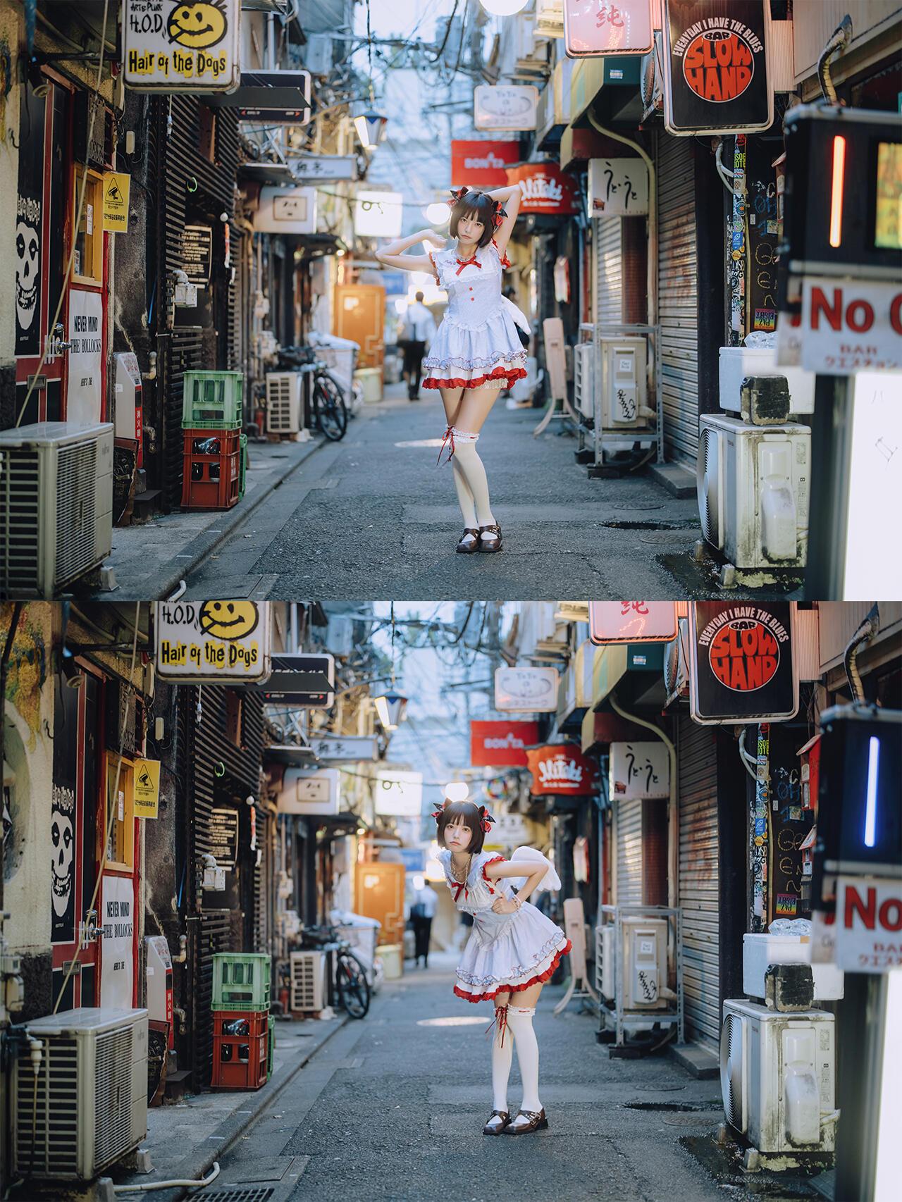 这组cos人像把“反差感”把控的很精准，角色造型的甜美、梦幻，与环境的粗粝、市井