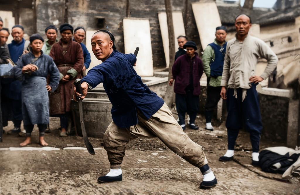 晚清，一位正在演练武术的男子。他弓步姿势，前腿屈膝稳固如松，后腿蹬直紧绷，重心沉