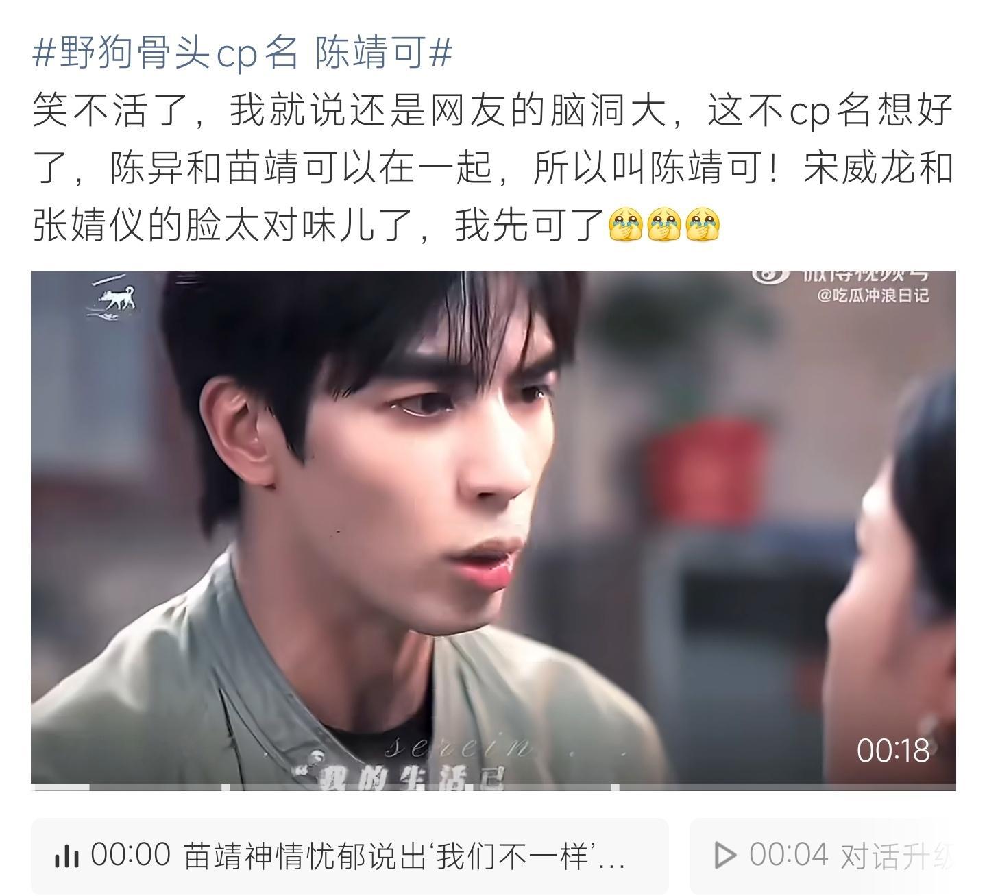 野狗骨头cp名 陈靖可网友脑洞拼凑野狗骨头剧中cp名陈靖可，组合巧妙贴切，宋威龙