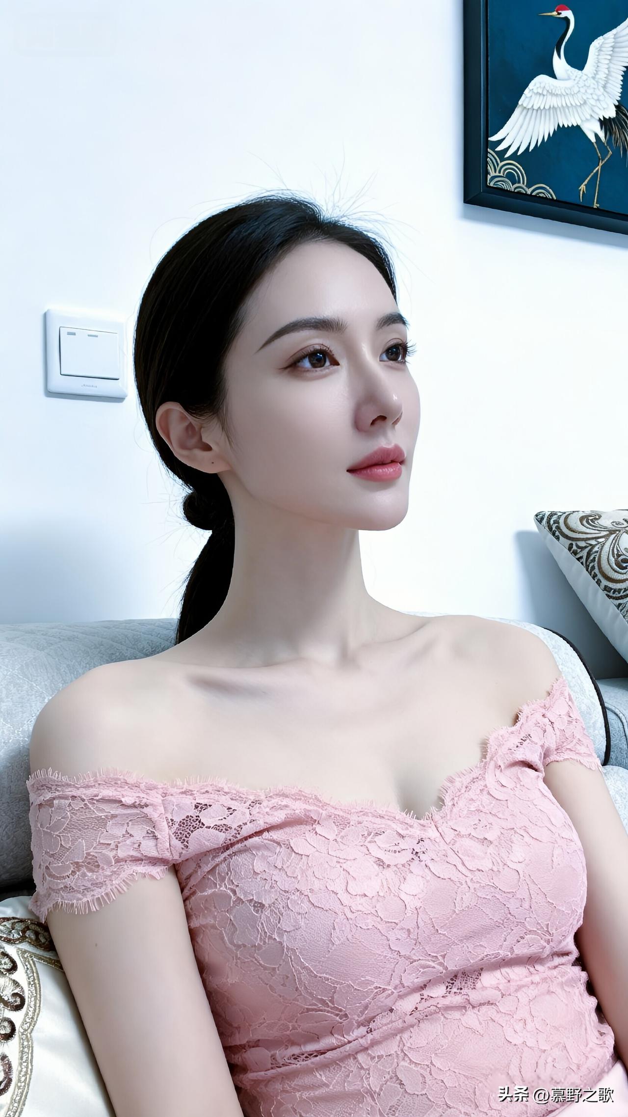 我靠在靠垫上，粉蕾丝一字肩的花纹顺着肩颈蔓延，像把春日的温柔织进了衣料。发丝在颈