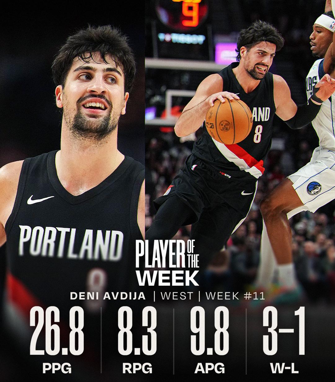 波特兰自研持球大核阿夫迪亚，拿到周最佳。除了惨败雷霆，另外赢得三场球都相当漂亮，