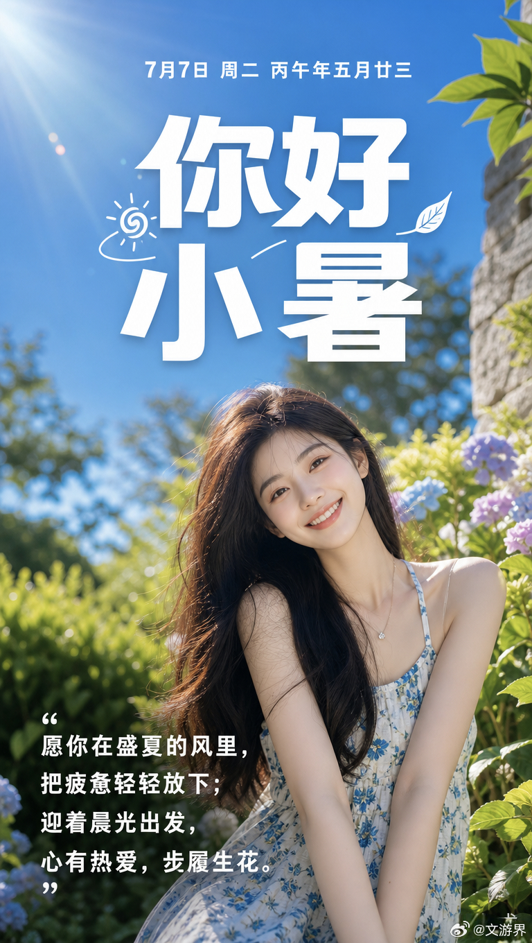 7月7日 周二 丙午年五月廿三你好小暑愿你在盛夏的风里，把疲惫轻轻放下；迎着晨光