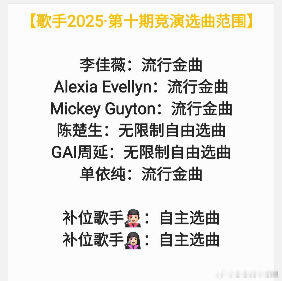 歌手[超话]【歌手2025·第十期竞演选曲范围】李佳薇：流行金曲Alexia E