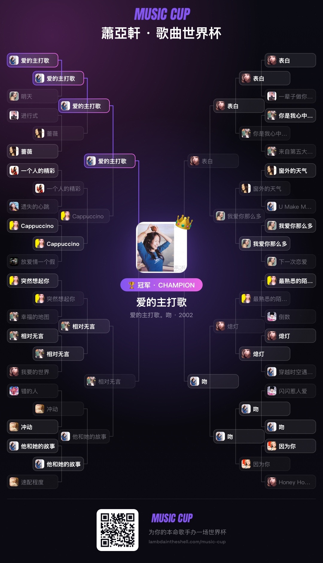 快来玩歌曲世界杯，萧亚轩太难选了吧，还是最爱主打歌！ 