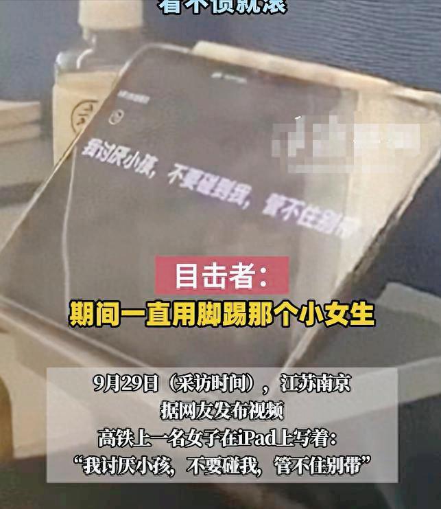 女子iPad怒怼踢座男童，家长回骂“看不惯就滚”！
9月29日，南京开往长沙的高
