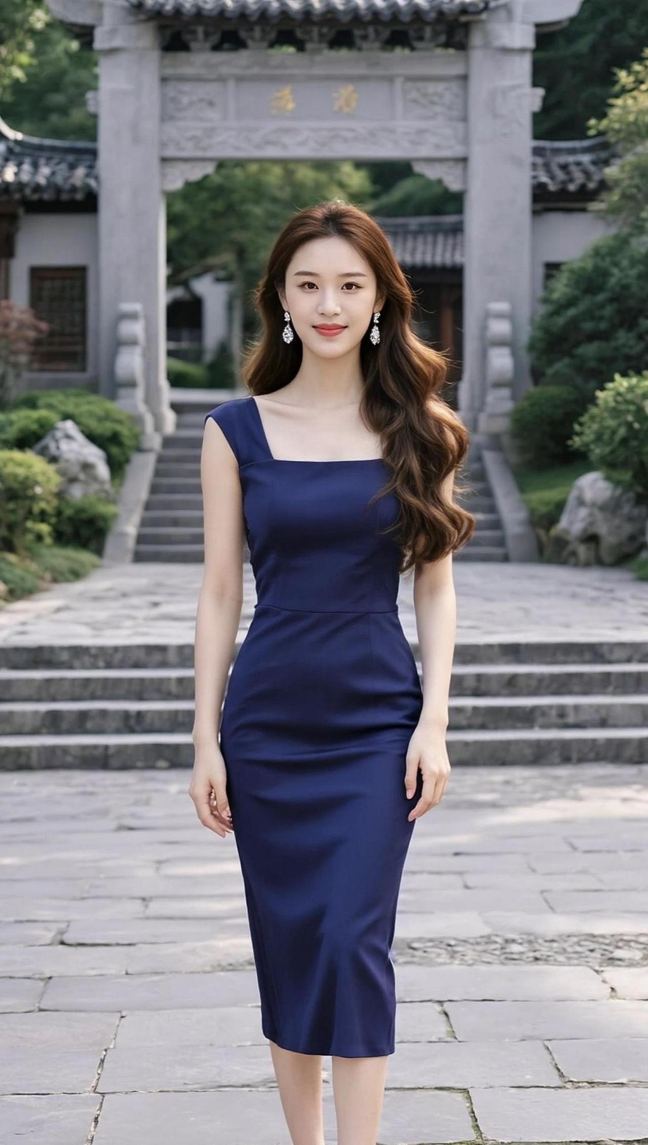 青石阶映着斑驳树影，她立于古韵门庭前，一袭深蓝长裙如静水般垂落，温柔地勾勒出知性