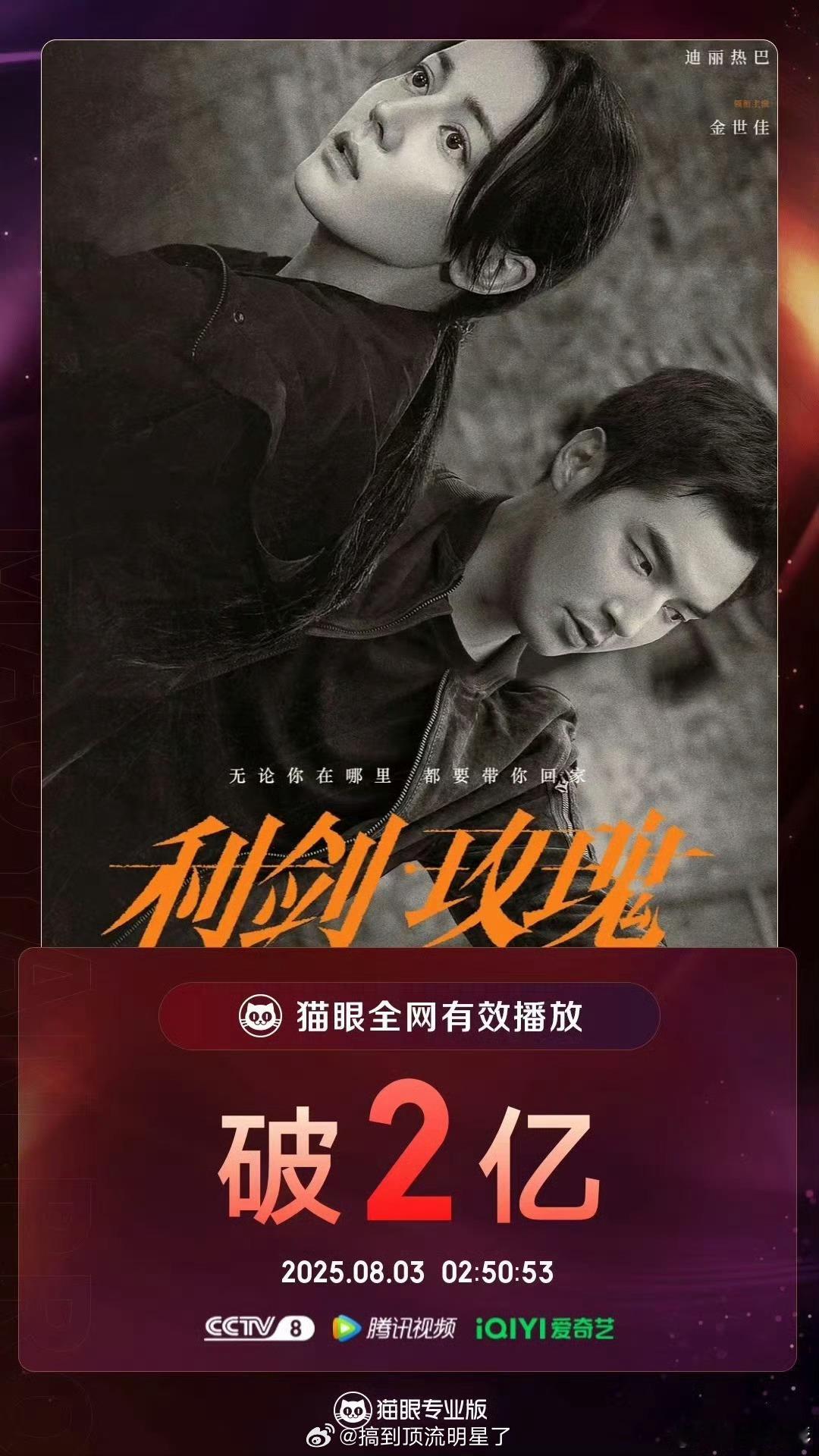 恭喜迪丽热巴《利剑玫瑰》全网有效播放量破2亿！🎉🎉🎉利剑玫瑰 ​​​