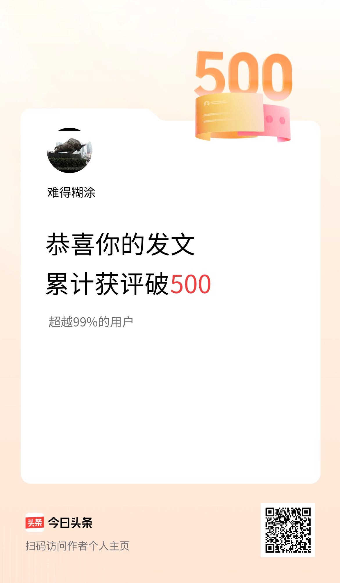 我在头条累计获评论量破500啦！