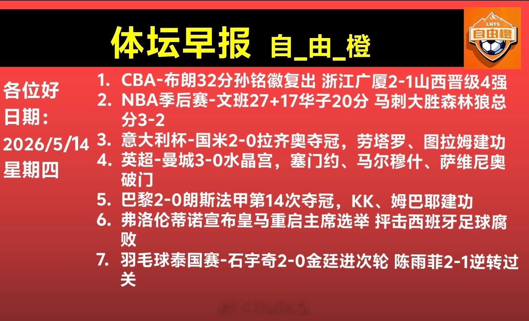 自由橙每日橙语体坛早晚报