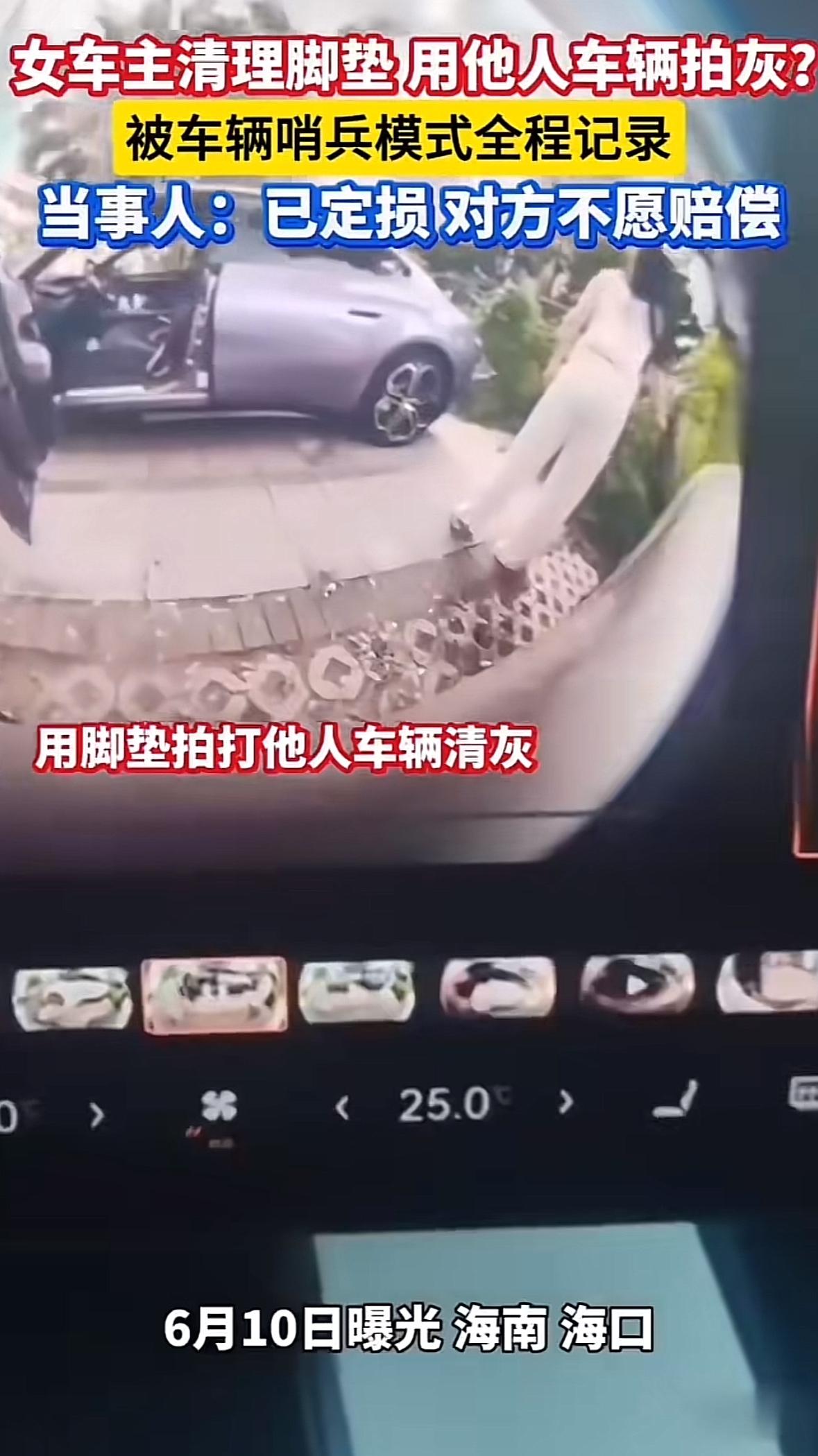 海南这女车主不傻啊，居然用脚垫拍打他人的车辆清灰，她以为自己的行为神不知鬼不觉，