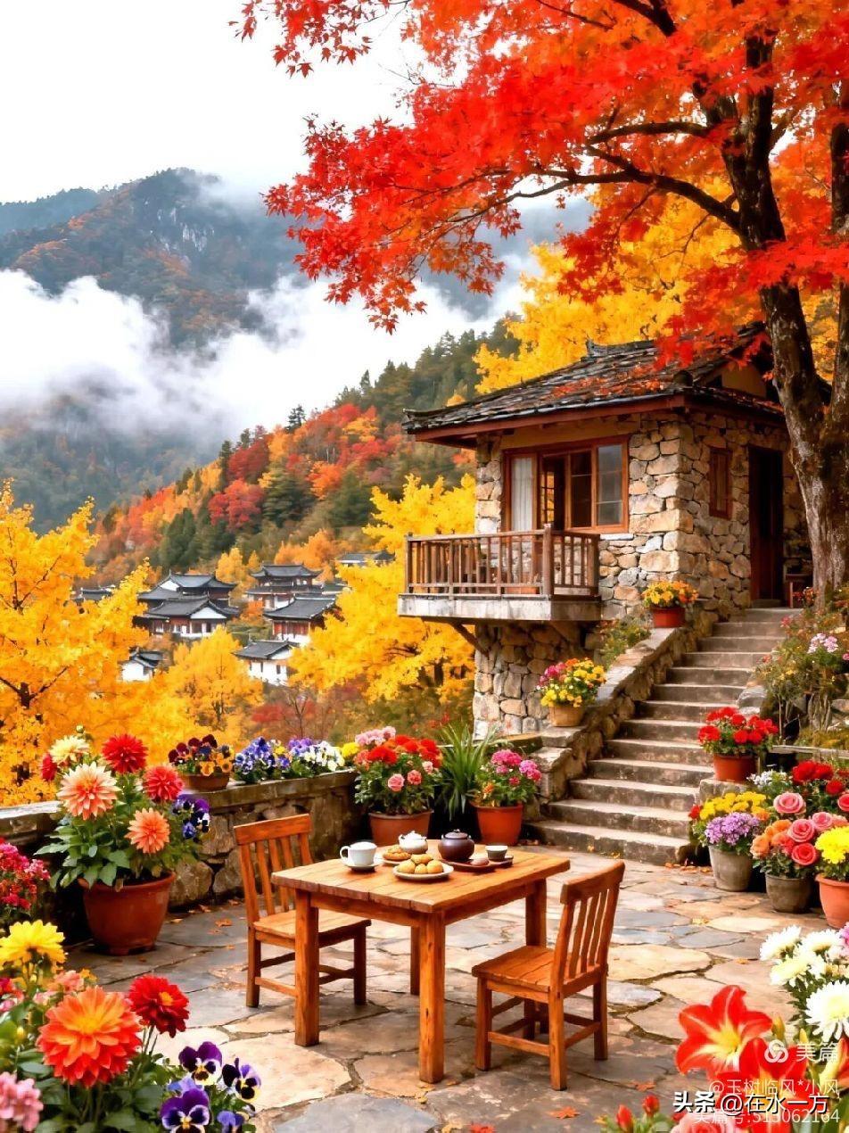 秋日山间小院，暖阳洒满石阶，红叶飘落，静享悠然时光。