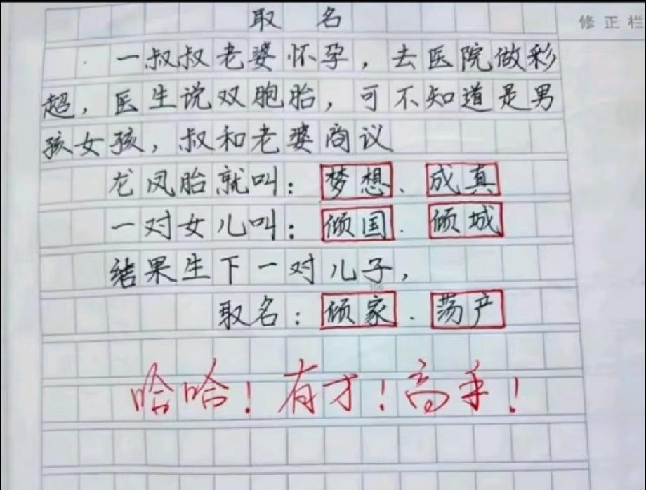 笑喷！小学生作文《取名》火了，双胞胎儿子的名字笑翻老师