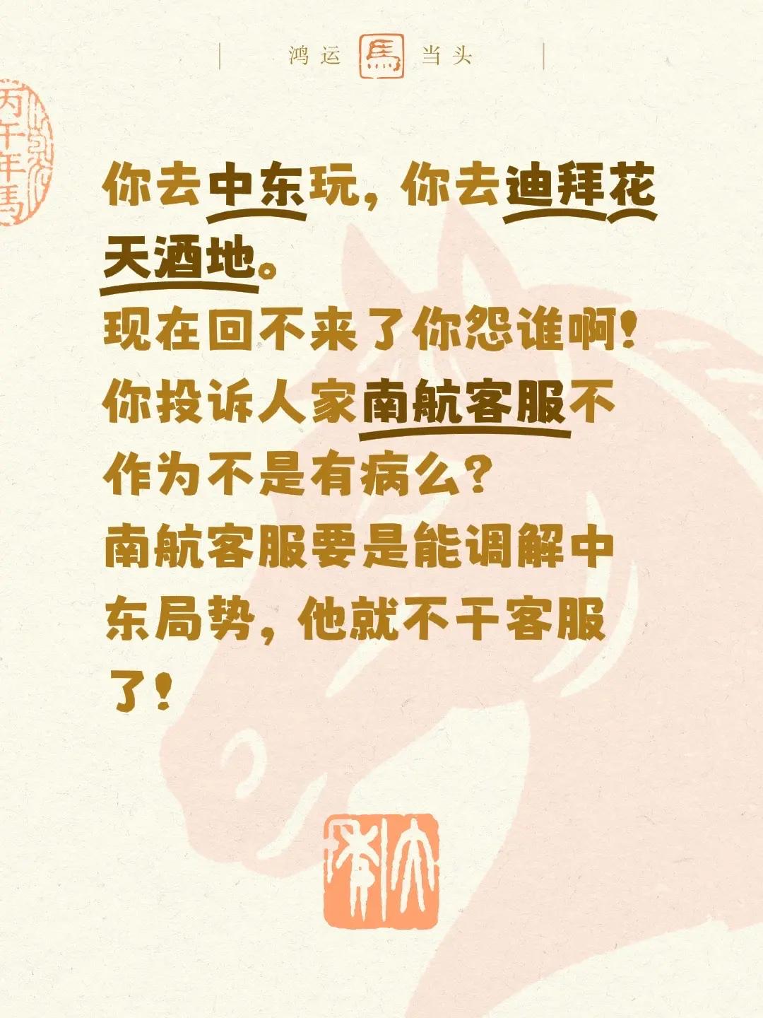 你去中东玩，你去迪拜花天酒地。现在回不来了你怨谁啊！你投诉人家南航客服不作为不是