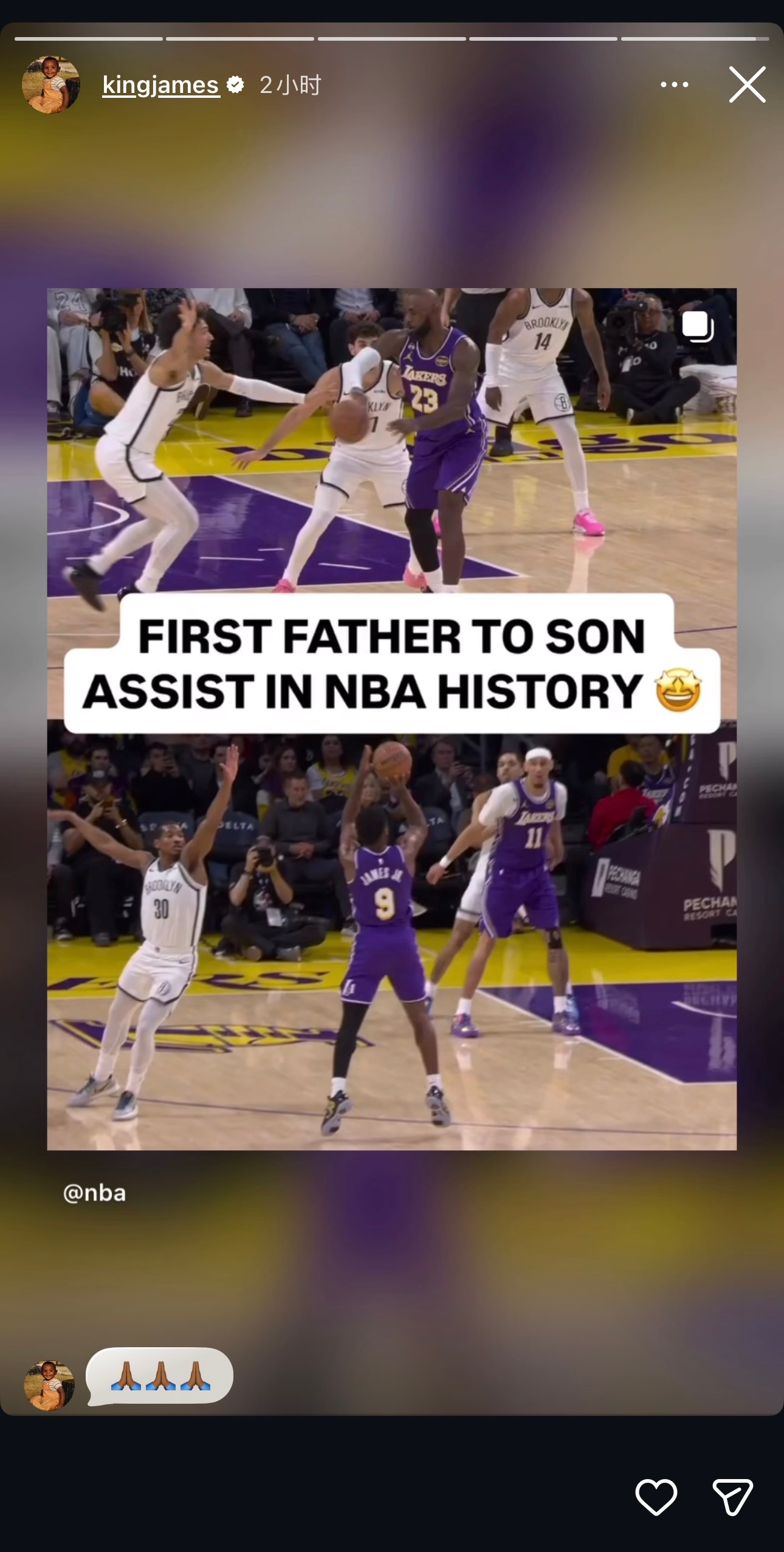历史上第一个父子之间的助攻，今天出现了，詹姆斯更新动态，转发了这个球。🙏🏾 