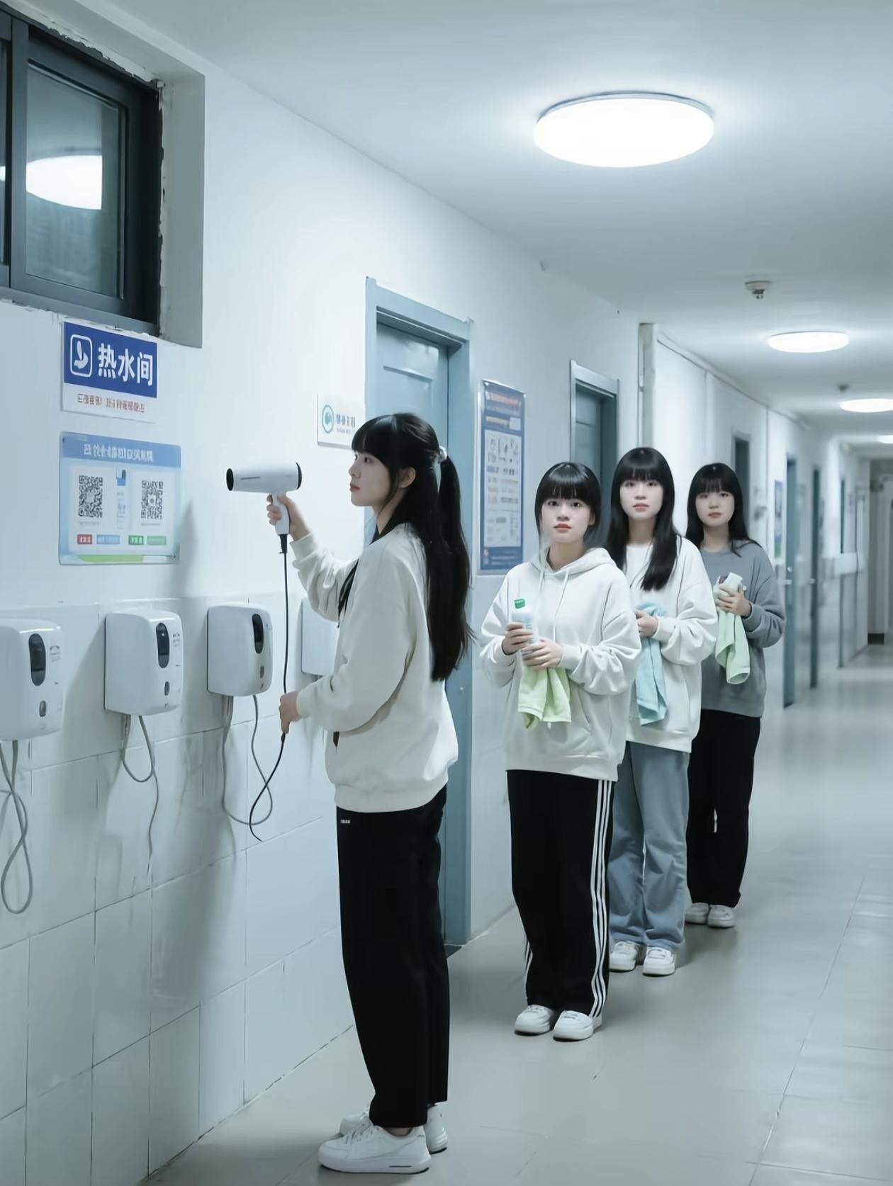 宿舍吹头发按排队收费？1.5元五分钟，看完属实有点窒息！
 
女生宿舍走廊排队吹