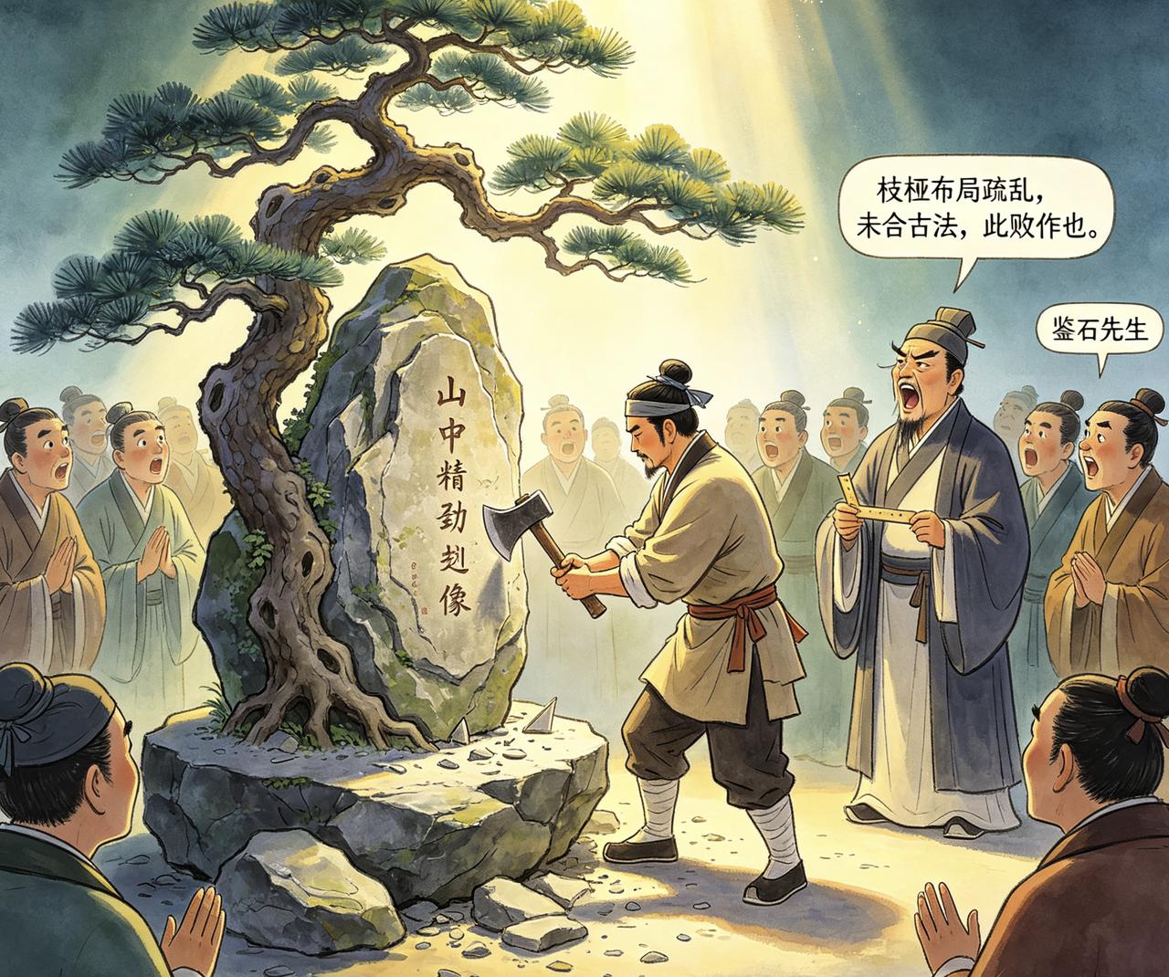 石工与评者(寓言新编)
 
山有石工，善斫碑刻像，每有新作，观者争赏。有评者自号