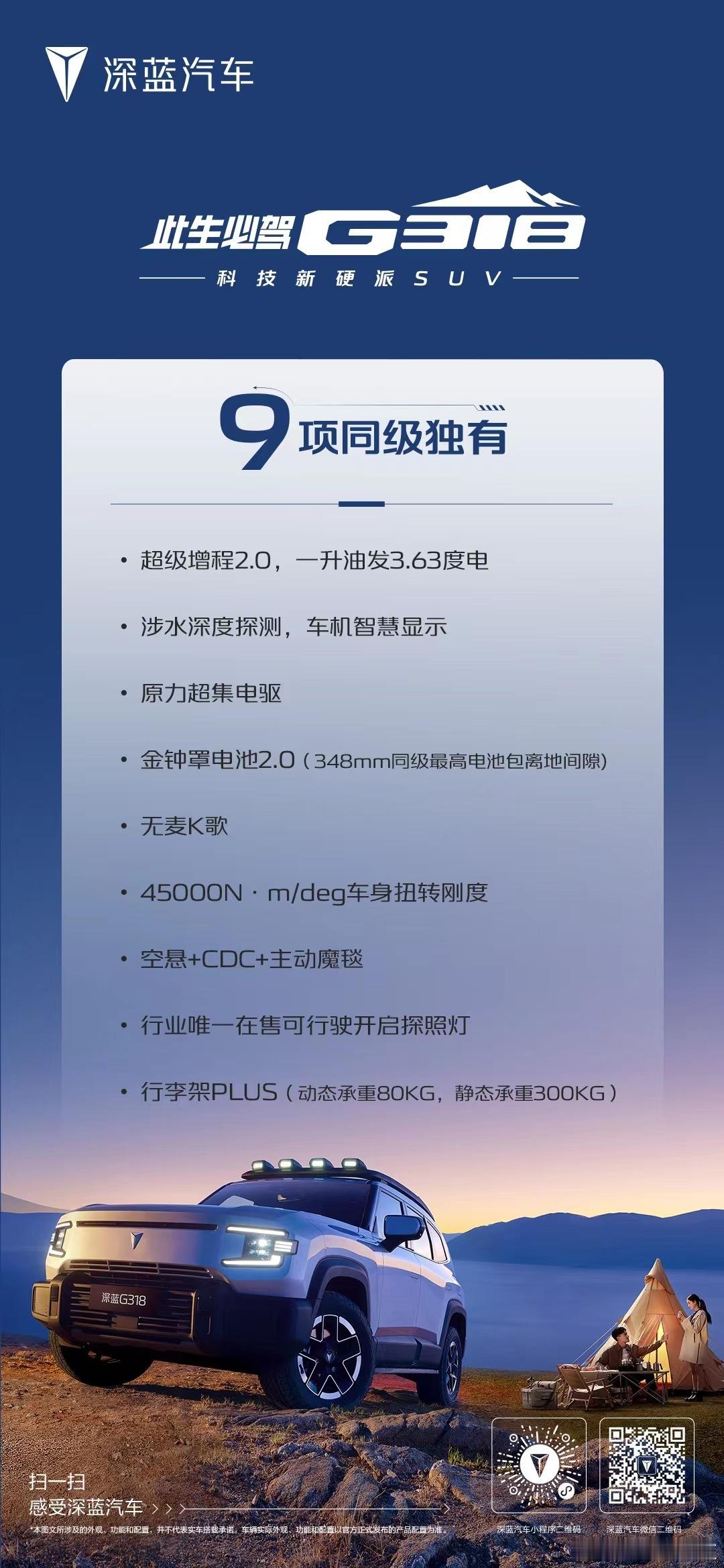 深蓝G318这个配置好猛啊，尤其是这个十大标配，我只能说诚意十足。比如超级增程2