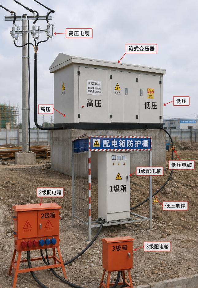 《三级配电一张图：高压→变压→总配→分配→开关箱，五级链路守护用电安全》
高压电