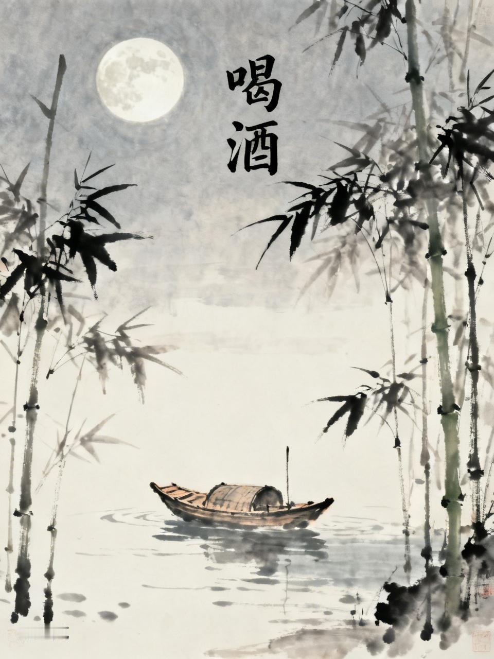 舟上独酌
无系虚舟任化迁，
休忧春去秋再还。
白昼怡然赏佳景，
良夜孤形对酒船。