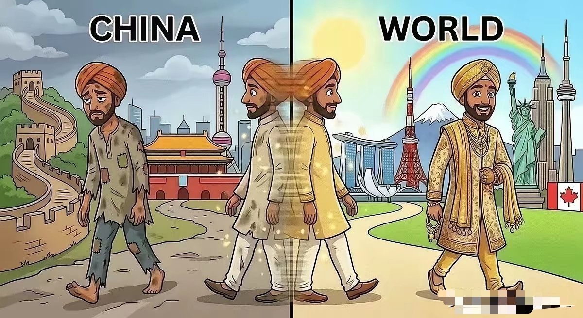 印度漫画：“去中国变贱民，去美日新加变婆罗门”。 