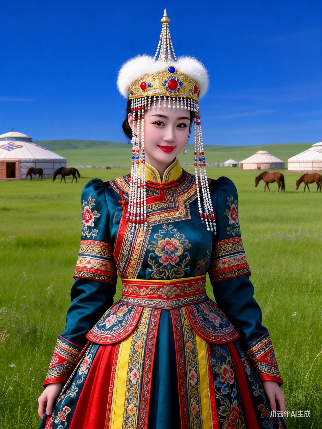 草原上的美丽姑娘，身着传统服饰，背景是辽阔的草原和蒙古包。