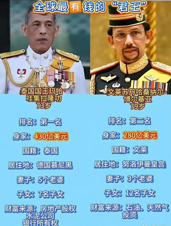 全球最有钱的，两位国王。

他们共同点，老婆多，孩子多。
泰王，排第一。
泰王5