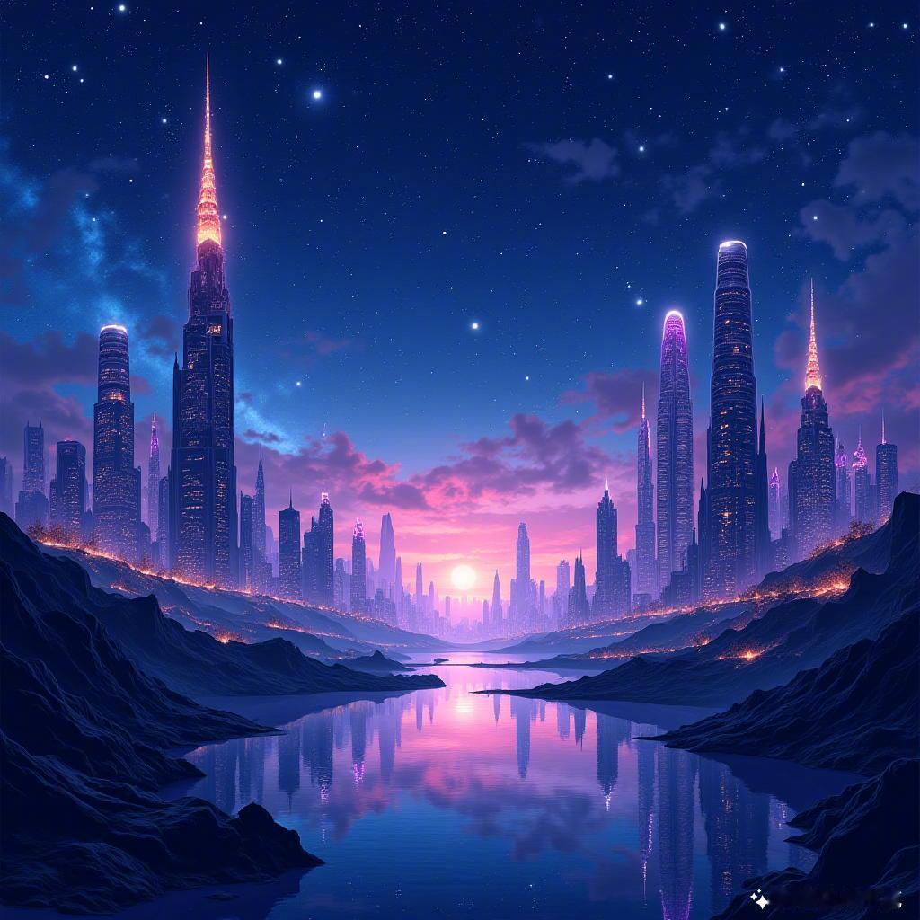璀璨星空如梦幻般闪耀，未来城市在霓虹下静谧。每一颗星星，都是我心中的希望。💫 