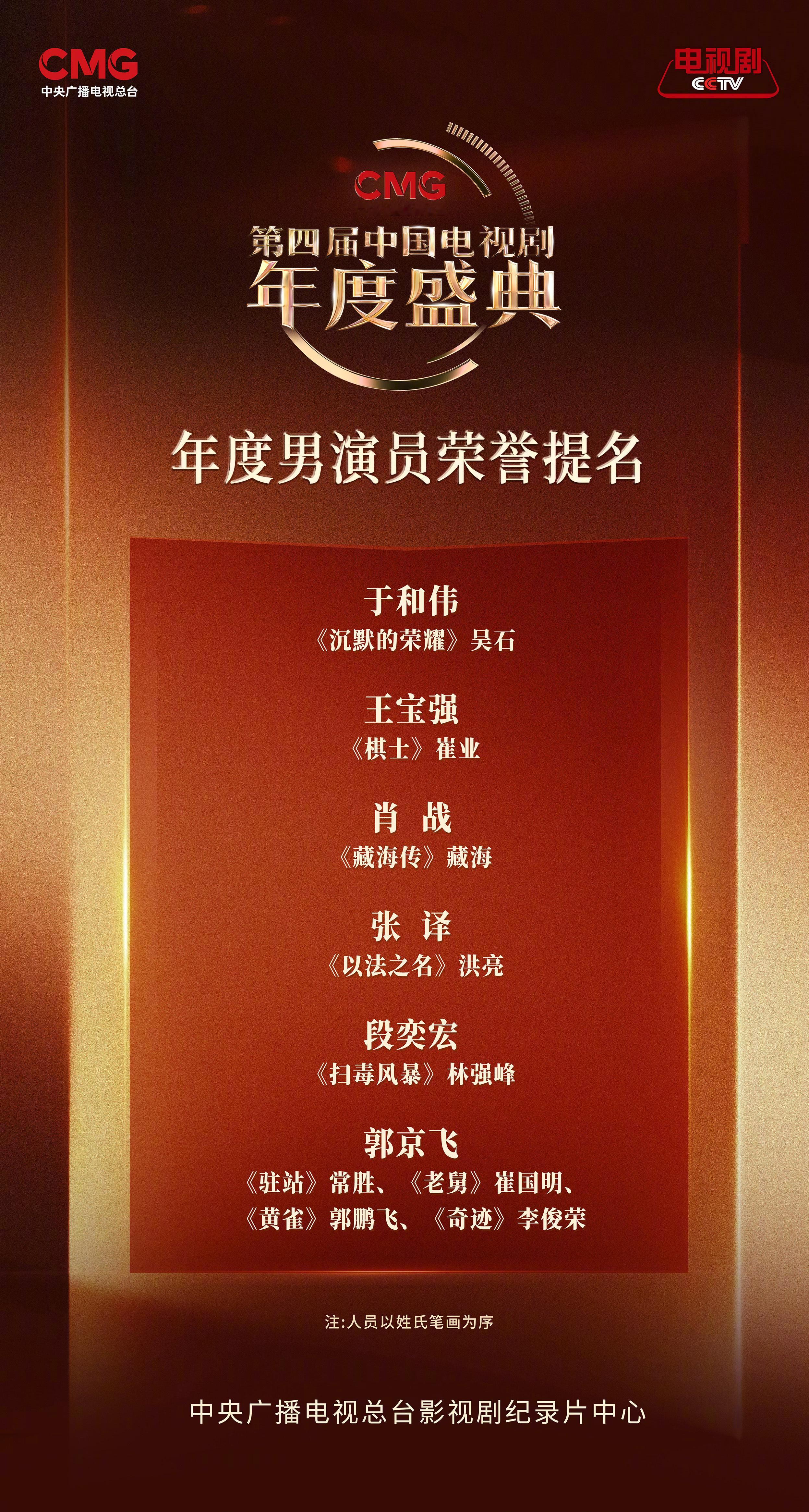 第四届中国电视剧年度盛典年度男演员荣誉提名公布于和伟《沉默的荣耀》王宝强《棋士》