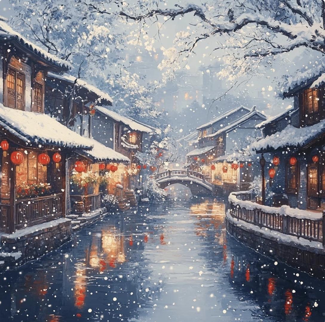 上联：雪落北国一片白
下联：舟横野渡半江寒