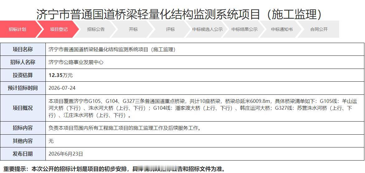 【济宁10座国道桥将装监测系统，453万投入值得关注】据济宁市公共资源交易公共服