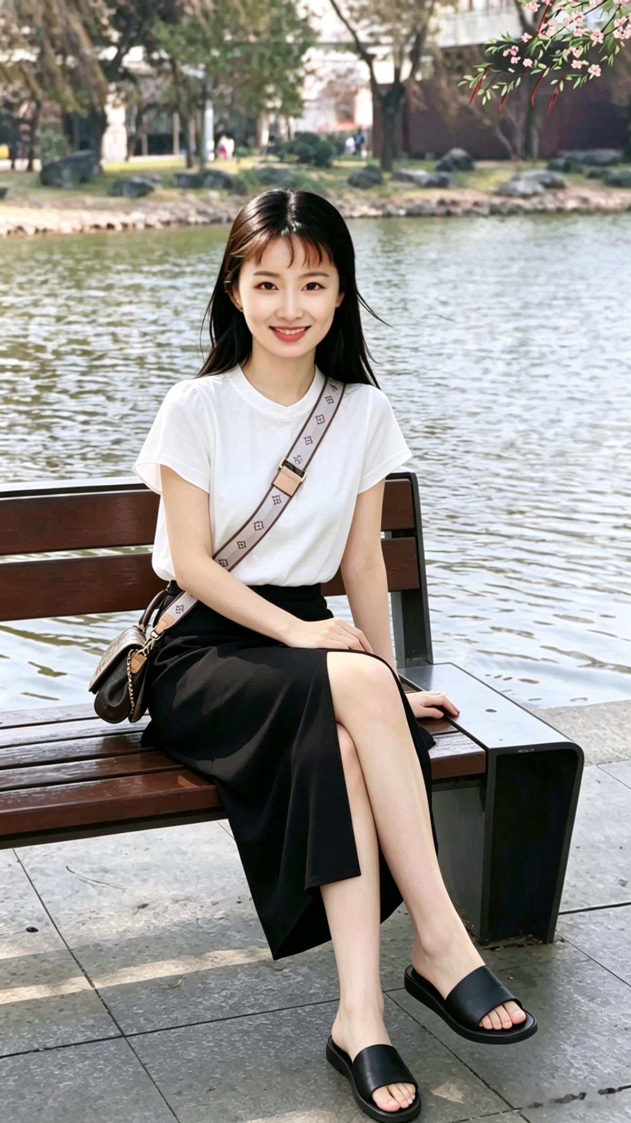 水边静坐思悠哉，花影摇曳入画来。